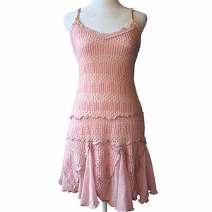 Zone Bleue Baby Pink Knit Fairycore Asymmetrical Sleeveless Dress with Bow
